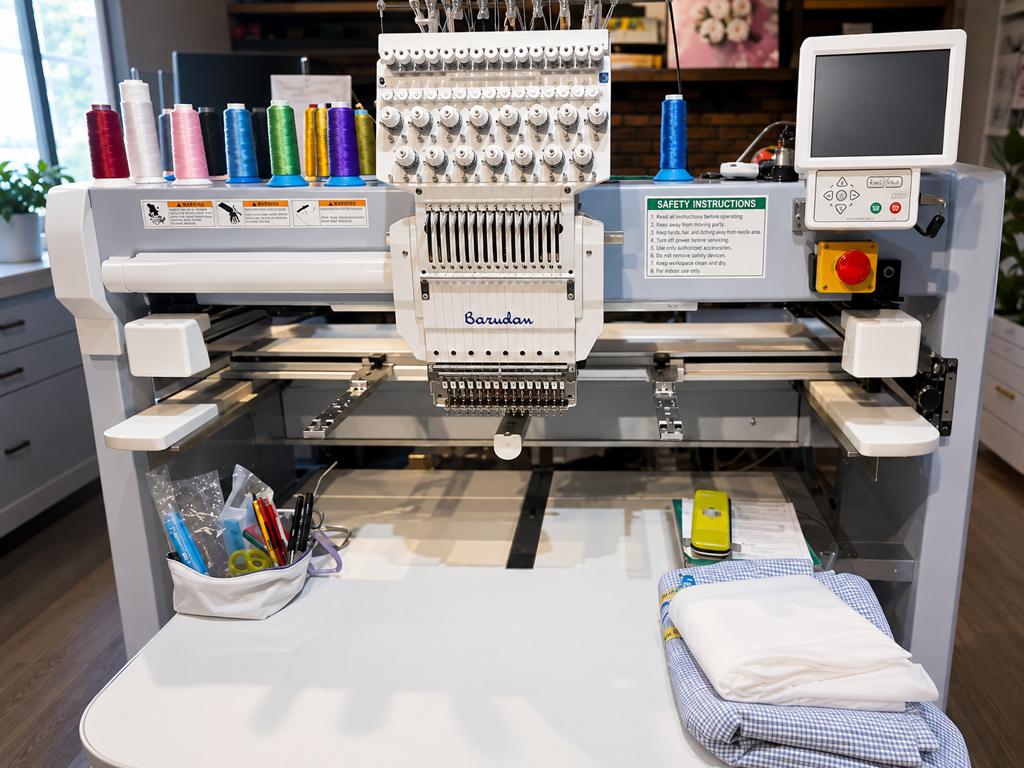 Professional multi-needle embroidery machine in the studio
